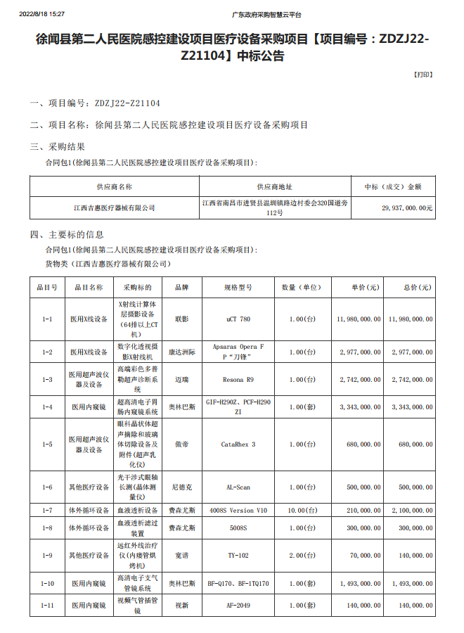 徐聞縣第二人民醫(yī)院感控建設(shè)項(xiàng)目醫(yī)療設(shè)備采購(gòu)項(xiàng)目【項(xiàng)目編號(hào)：ZDZJ22- Z21104】中標(biāo)公告(圖1)